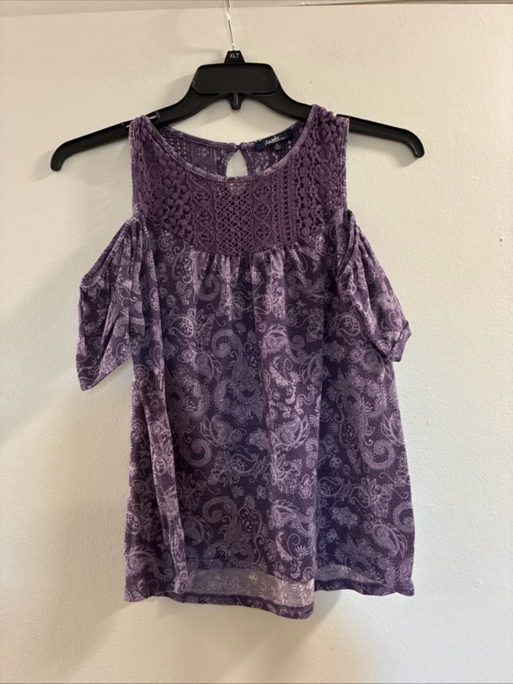 Y2K Crochet Yoke Cold-Shoulder Blouse in Purple